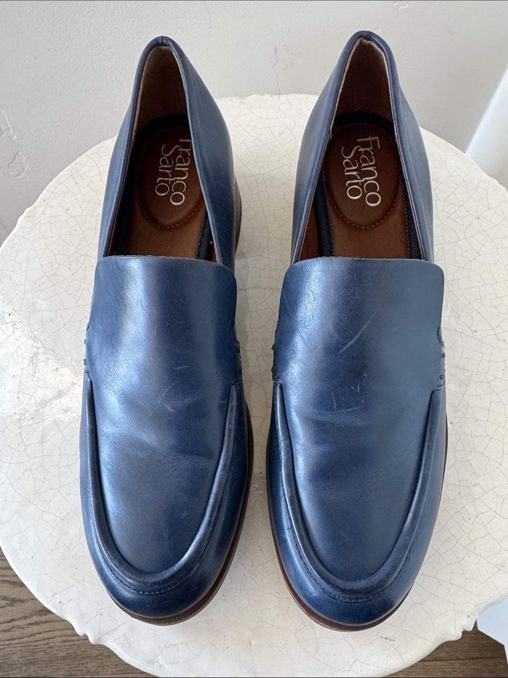 Franco Sarto Blue Leather Slip-On Loafers Block Heel Silver Accents Women’s Sz 8 - Picture 2 of 12
